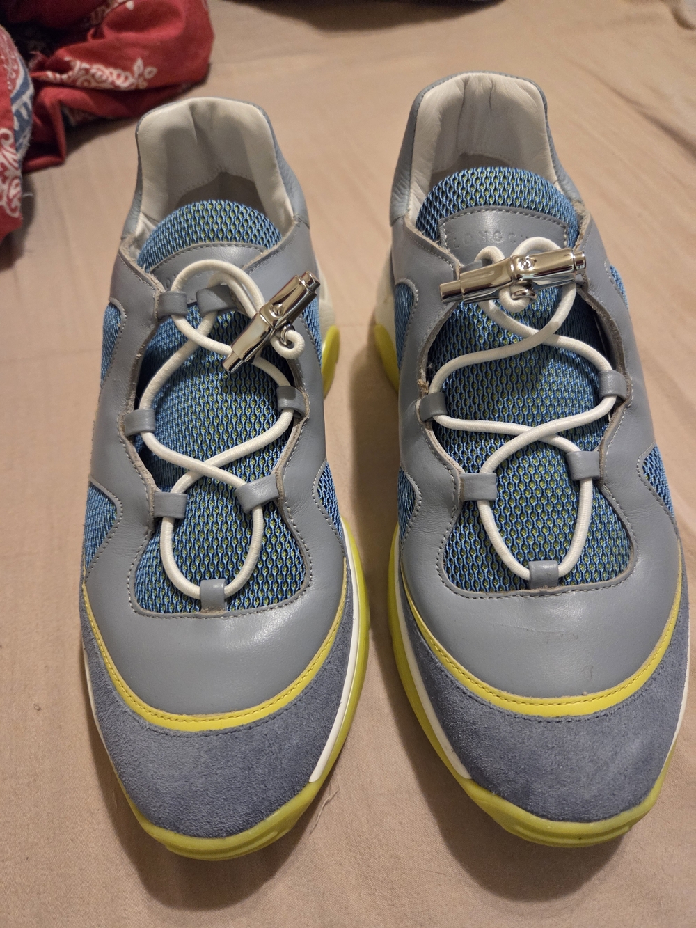 Longchamp Light Blue and Yellow Mesh & Leather Sneakers